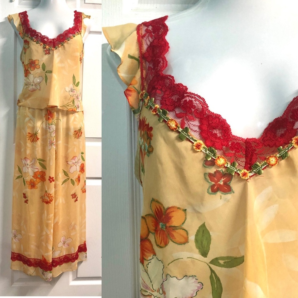 VTG 90s Orange/Red Floral Chiffon Lace Trimmed Culottes Pants/Top Lingerie Set~L